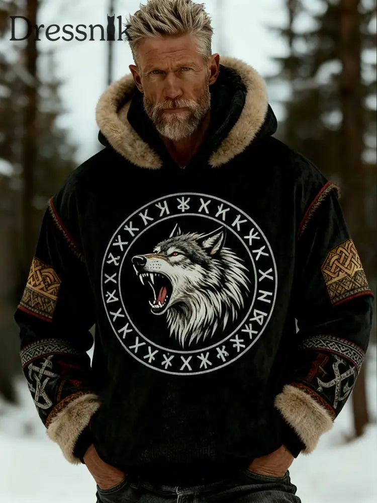 Herren Retro Viking Celtic Art Muster Plüsch Warme Kapuzen jacke mit Reiß verschluss A / S