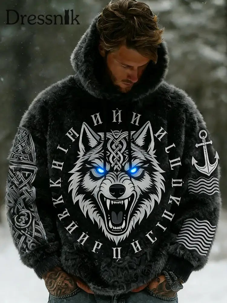 Herren Retro Viking Celtic Art Muster Plüsch Warme Kapuzen jacke mit Reiß verschluss A / S