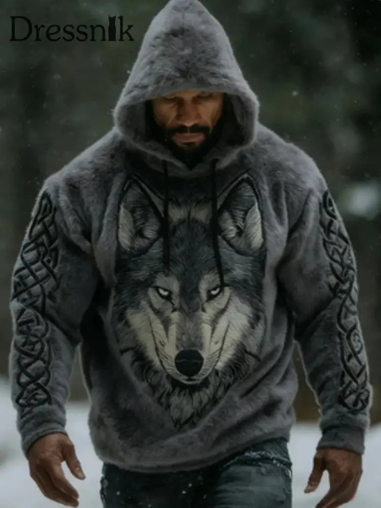 Herren Retro Viking Nordic Wolf Flanell Kapuzen Sweatshirt Grau / S