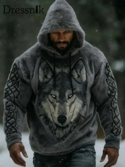 Herren Retro Viking Nordic Wolf Flanell Kapuzen Sweatshirt Grau / S