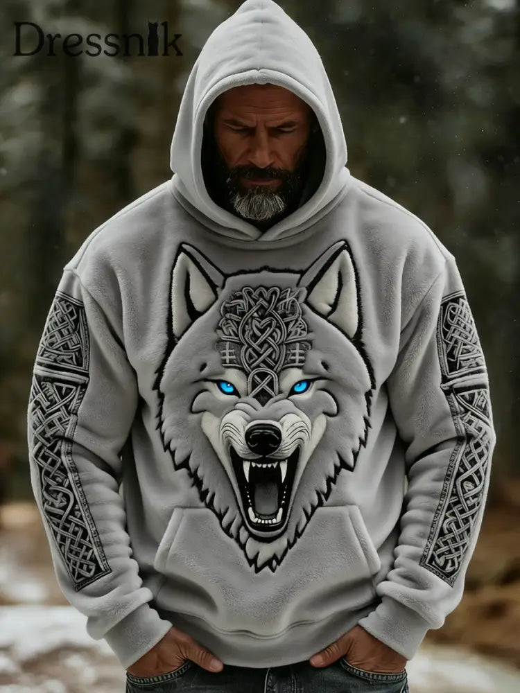Herren Retro Viking Wolf Totem Flanell Warm Kapuzen Sweatshirt