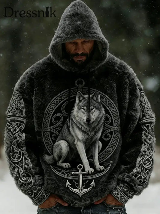 Herren Retro Viking Wolf Totem Flanell Warm Kapuzen Sweatshirt A / S