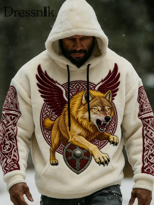 Herren Retro Viking Wolf Totem Flanell Warm Kapuzen Sweatshirt A / S
