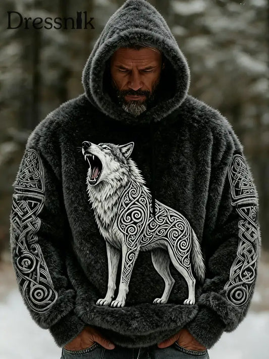 Herren Retro Viking Wolf Totem Flanell Warm Kapuzen Sweatshirt A / S
