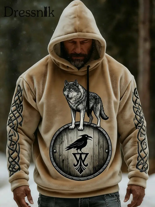 Herren Retro Viking Wolf Totem Flanell Warm Kapuzen Sweatshirt A / S