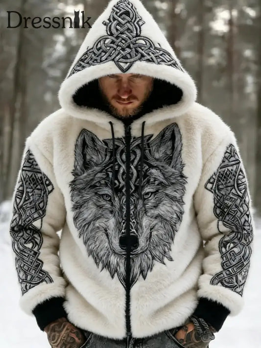 Herren Retro Viking Wolf Totem keltischen Stil Flanell Warm Kapuzen Sweatshirt A / S