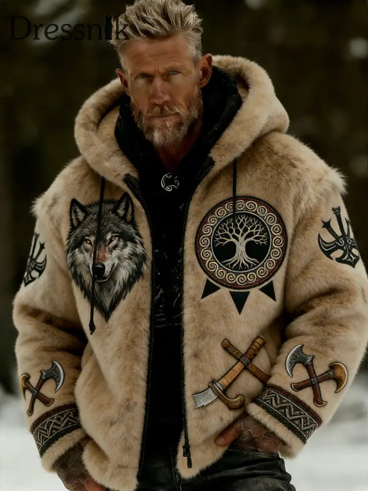 Herren Retro Viking Wolf Totem keltischen Stil Flanell Warm Kapuzen Sweatshirt A / S