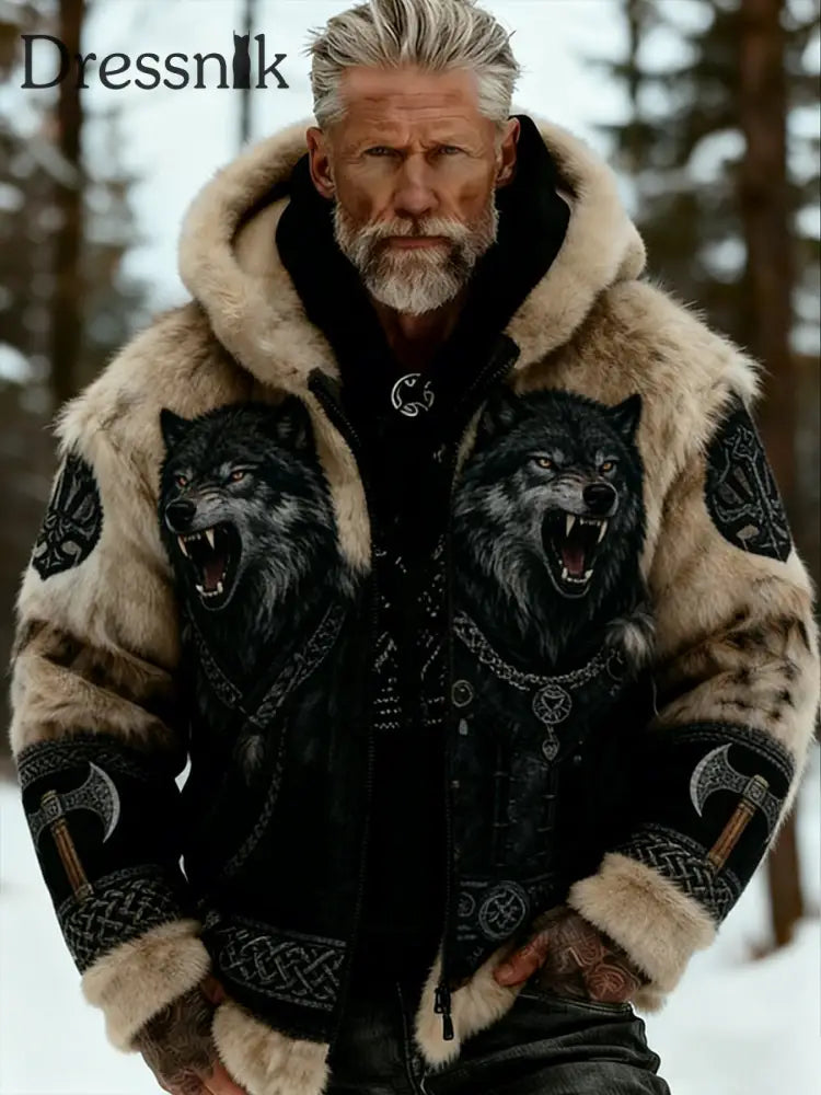 Herren Retro Viking Wolf Totem keltischen Stil Flanell Warm Kapuzen Sweatshirt A / S