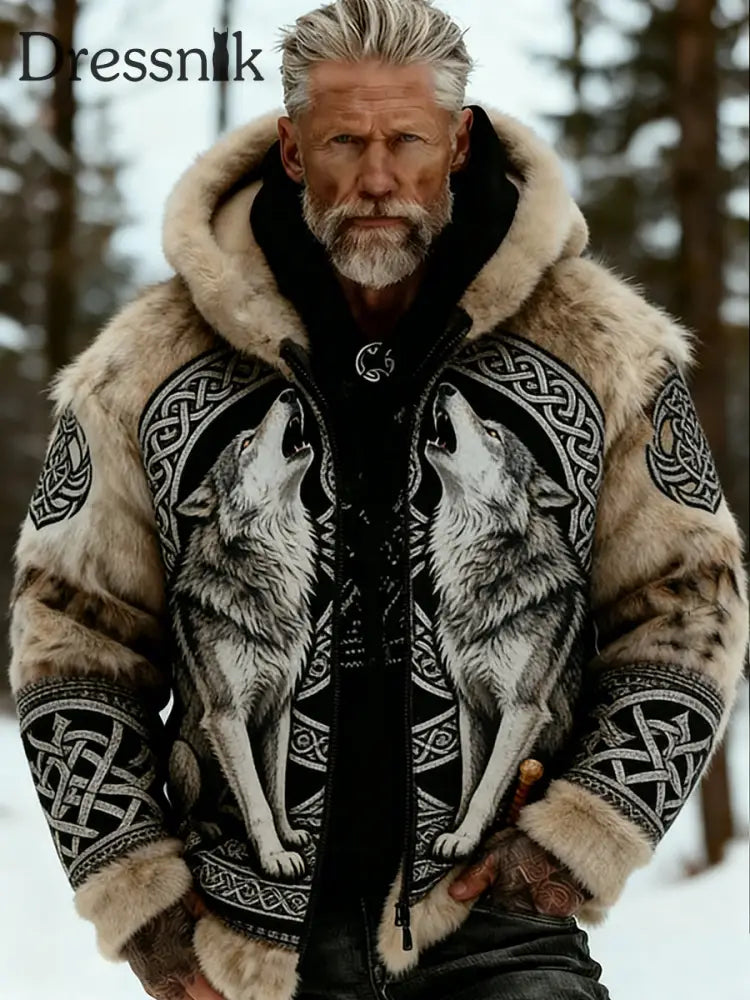 Herren Retro Viking Wolf Totem keltischen Stil Flanell Warm Kapuzen Sweatshirt A / S