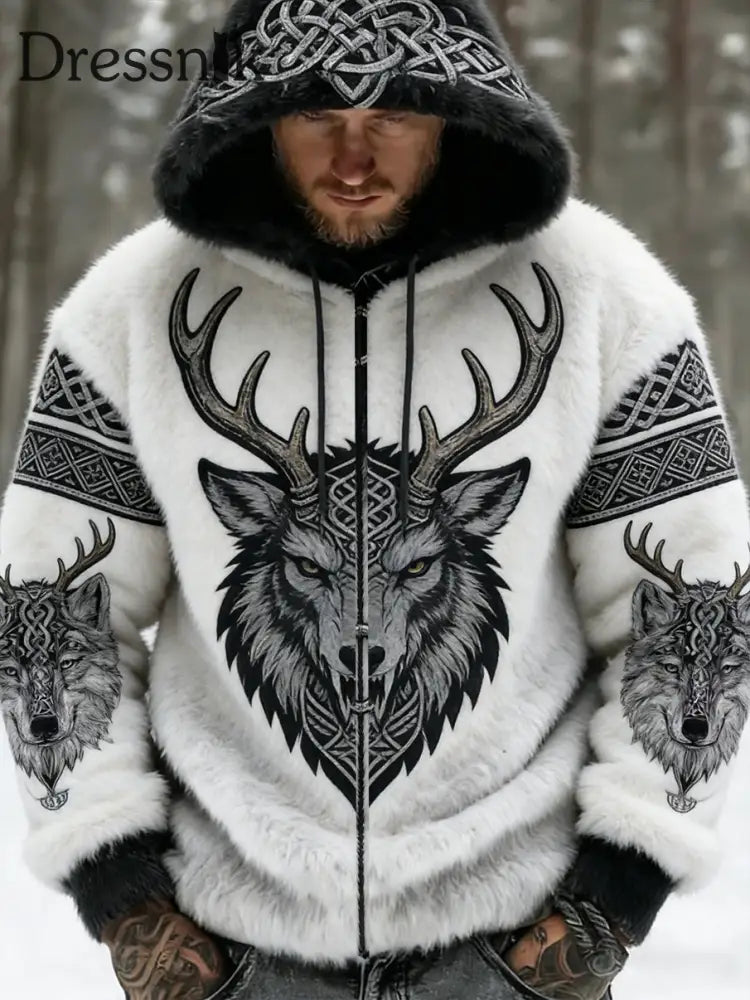 Herren Retro Viking Wolf Totem keltischen Stil Flanell Warm Kapuzen Sweatshirt A / S