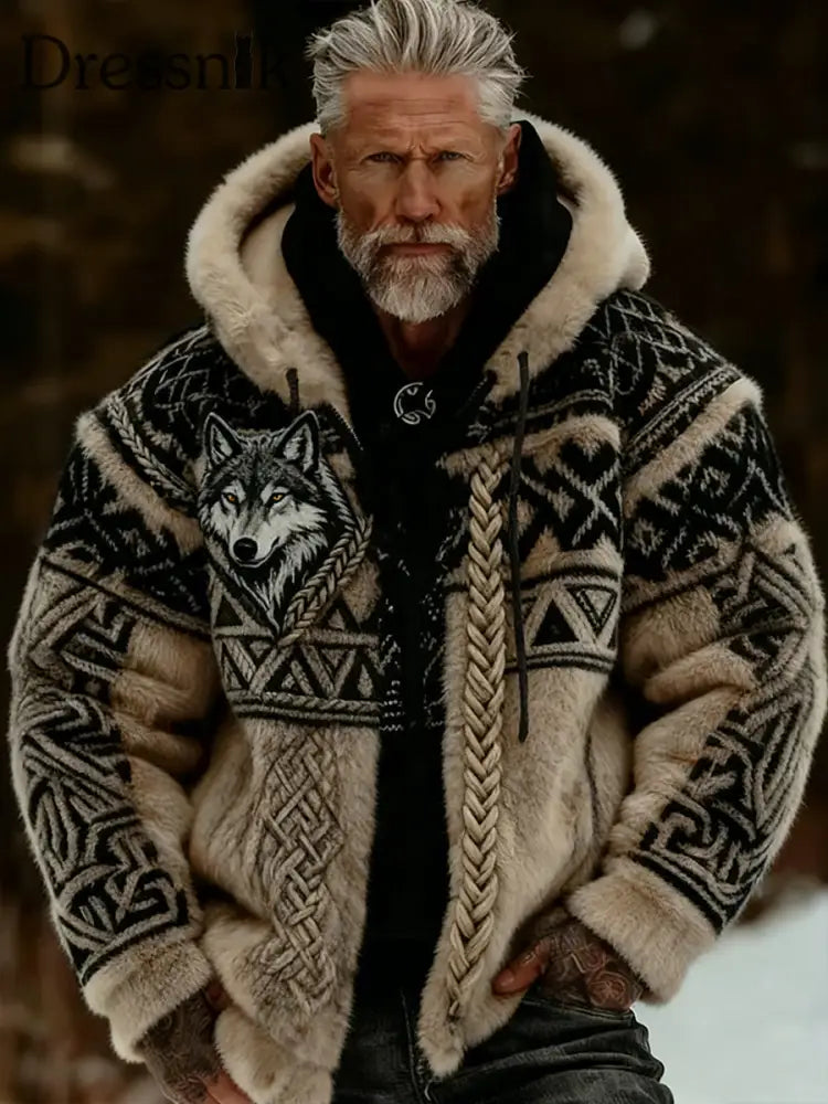 Herren Retro Viking Wolf Totem keltischen Stil Flanell Warm Kapuzen Sweatshirt A / S