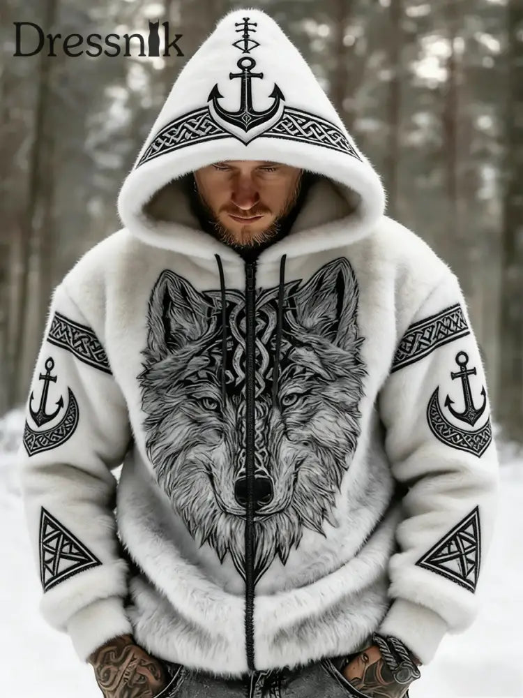 Herren Retro Viking Wolf Totem keltischen Stil Flanell Warm Kapuzen Sweatshirt A / S