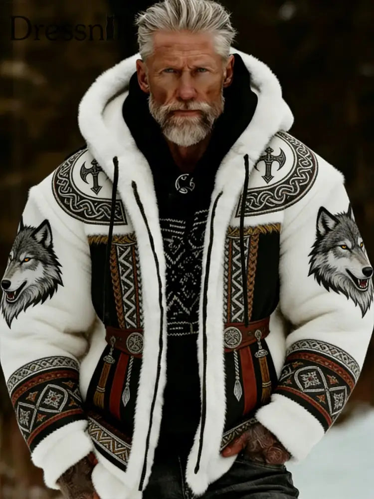 Herren Retro Viking Wolf Totem keltischen Stil Flanell Warm Kapuzen Sweatshirt A / S