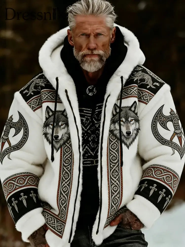 Herren Retro Viking Wolf Totem keltischen Stil Flanell Warm Kapuzen Sweatshirt A / S