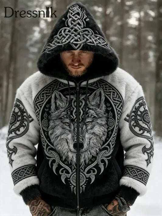 Herren Retro Viking Wolf Totem keltischen Stil Flanell Warm Kapuzen Sweatshirt A / S