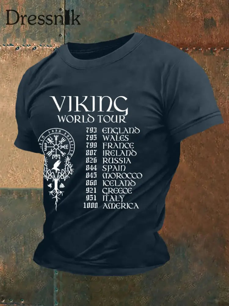Herren Retro Viking World Tour Viking Blood Nordic Style Casual T-Shirt Marineblau / S