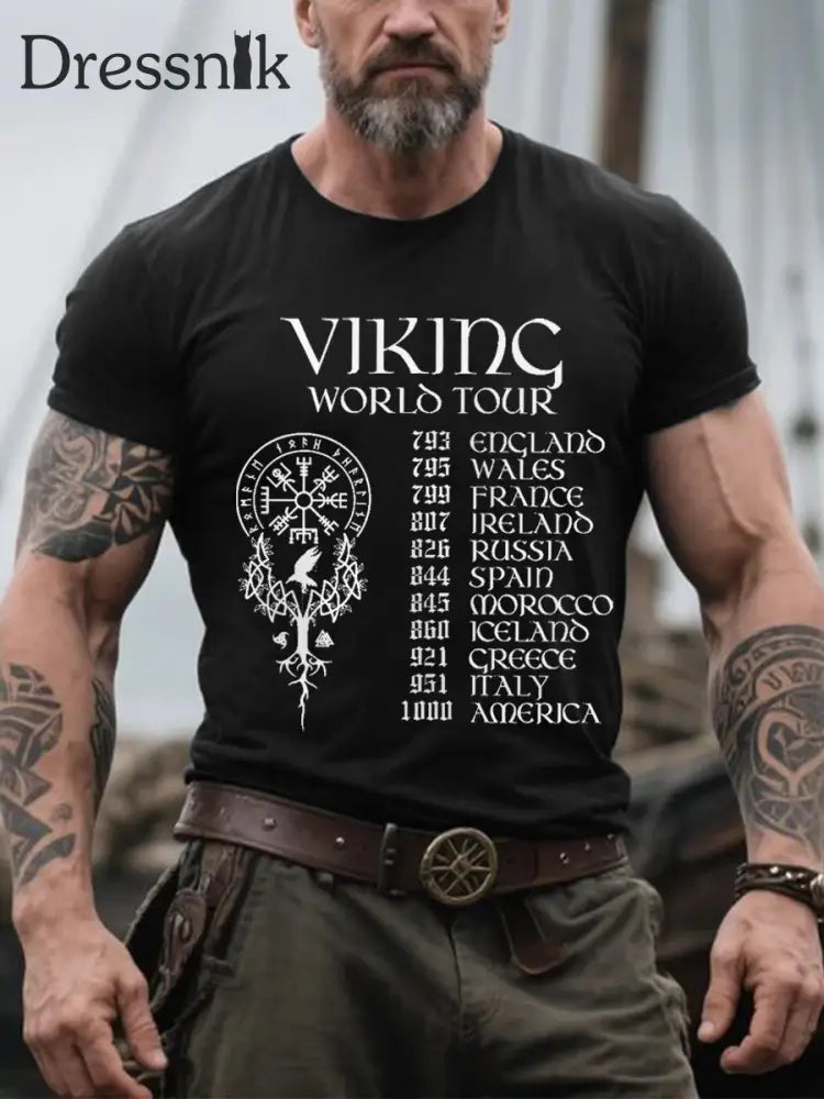 Herren Retro Viking World Tour Viking Blood Nordic Style Casual T-Shirt Schwarz / S