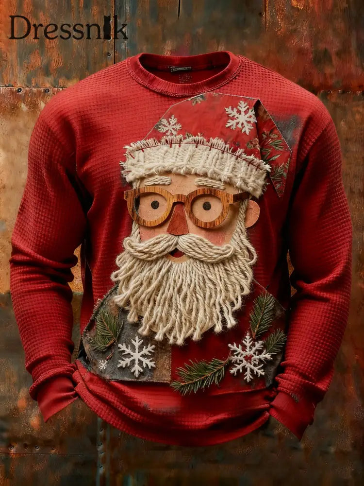Herren Retro-Weihnachtsmann-Print-Waffel-T-Shirt mit langen Ärmeln Rot / S