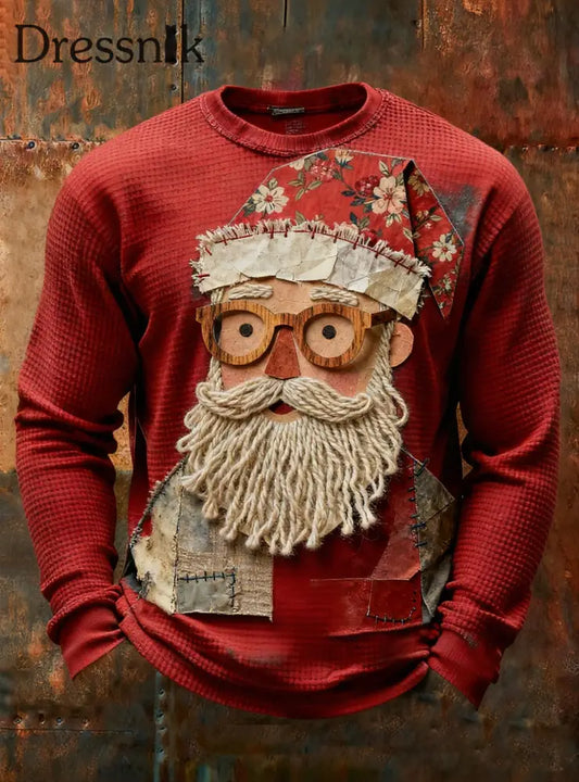 Herren Retro-Weihnachtsmann-Print-Waffel-T-Shirt mit langen Ärmeln Rot / S