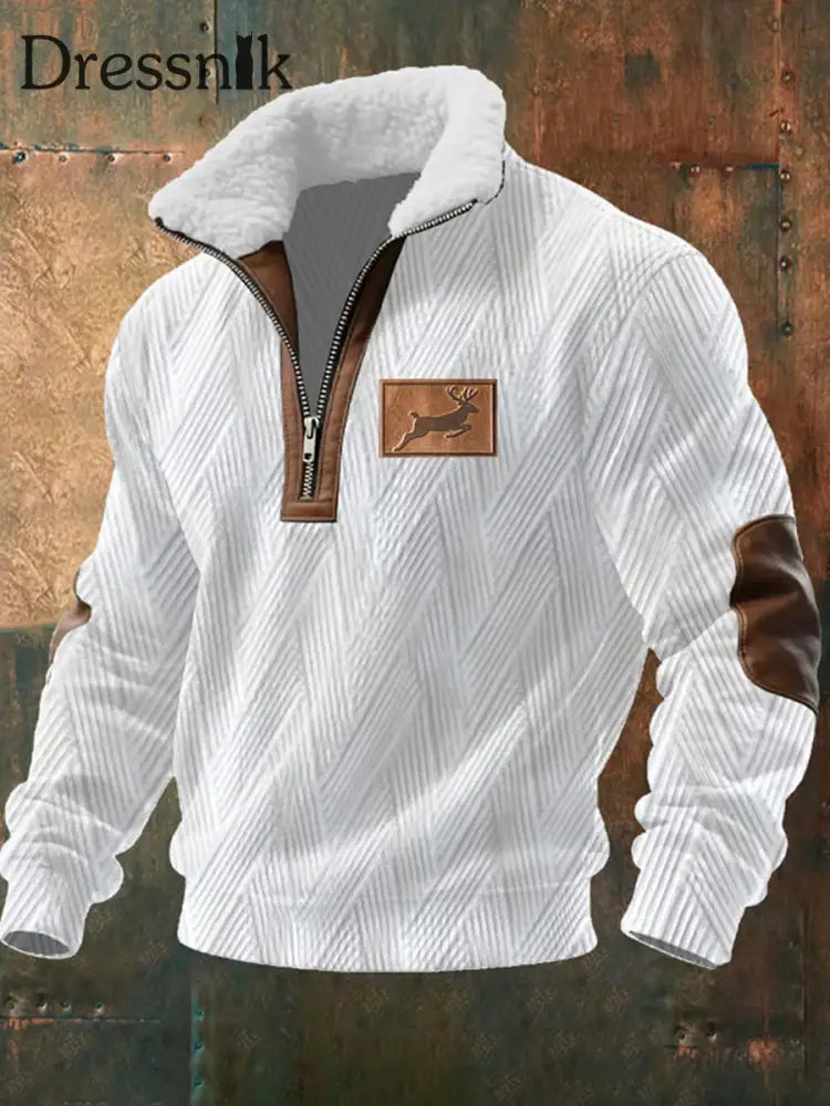 Herren Retro Western Art Print Casual Reiß verschluss Pelz Kragen Sweatshirt A / S