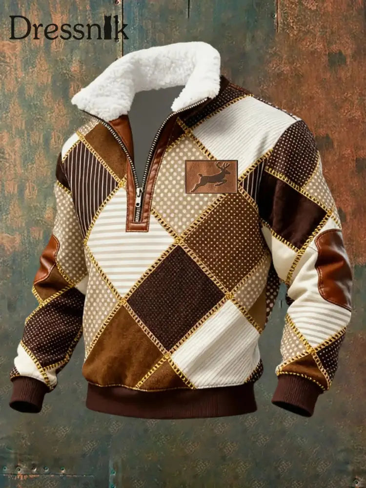 Herren Retro Western Art Print Casual Reiß verschluss Pelz Kragen Sweatshirt A / S