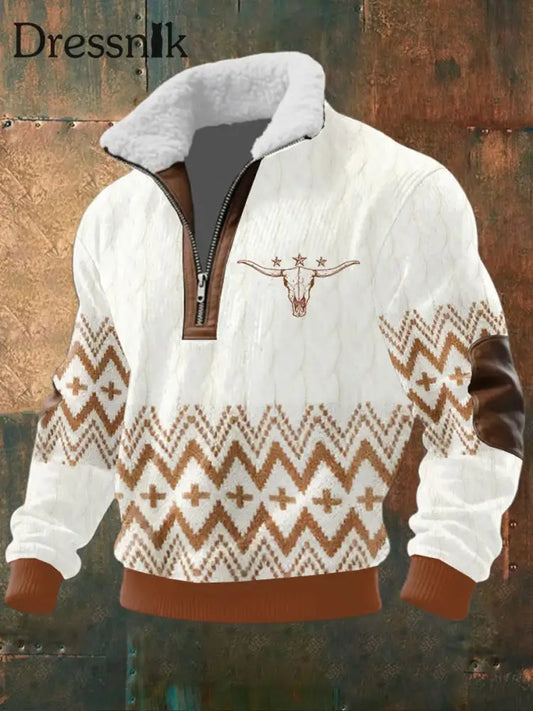 Herren Retro Western Art Print Casual Reiß verschluss Pelz Kragen Sweatshirt A / S