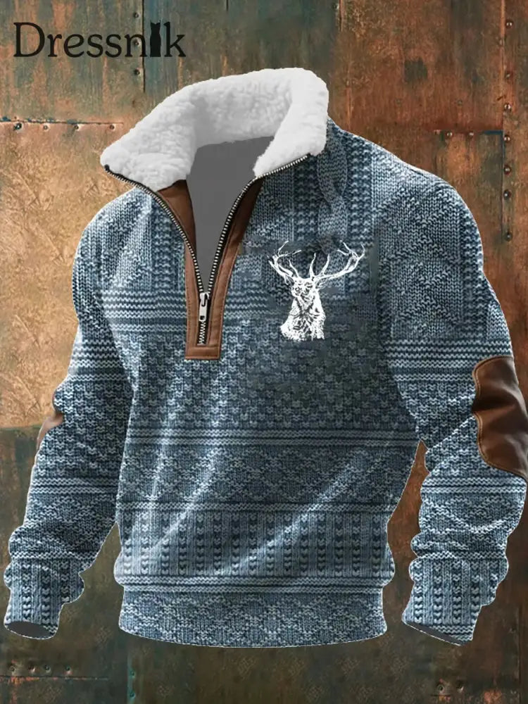 Herren Retro Western Art Print Casual Reiß verschluss Pelz Kragen Sweatshirt A / S
