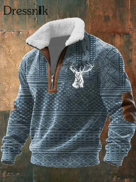 Herren Retro Western Art Print Casual Reiß verschluss Pelz Kragen Sweatshirt A / S