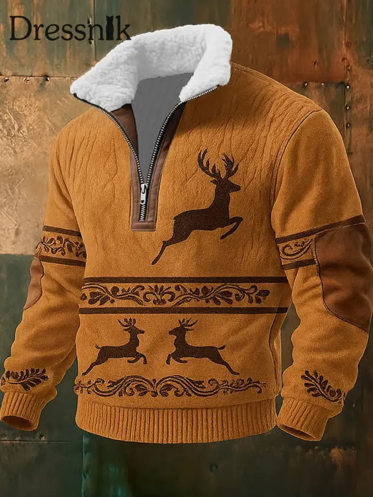 Herren Retro Western Art Print Casual Reiß verschluss Pelz Kragen Sweatshirt A / S