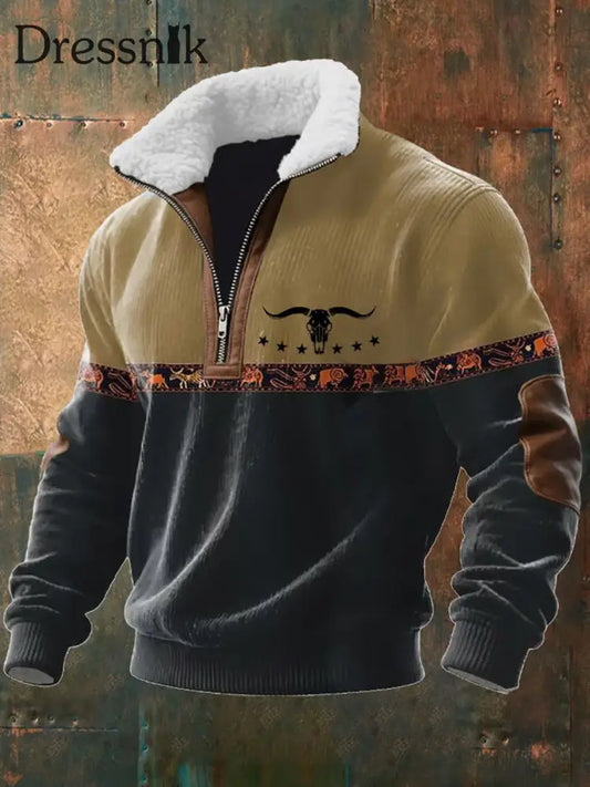 Herren Retro Western Art Print Casual Reiß verschluss Pelz Kragen Sweatshirt A / S