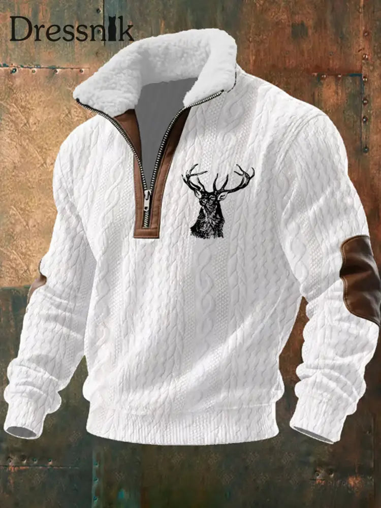 Herren Retro Western Art Print Casual Reiß verschluss Pelz Kragen Sweatshirt A / S