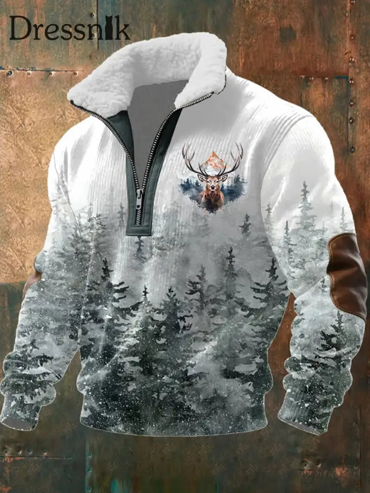 Herren Retro Western Art Print Casual Reiß verschluss Pelz Kragen Sweatshirt A / S