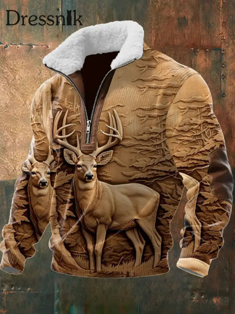 Herren Retro Western Art Print Casual Reiß verschluss Pelz Kragen Sweatshirt A / S