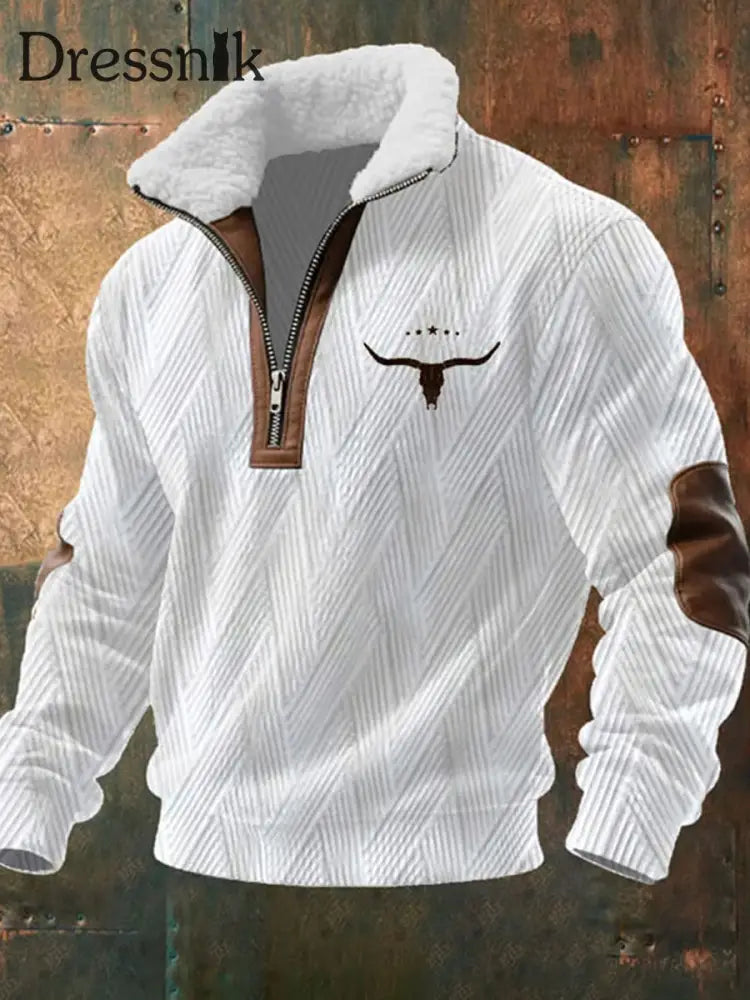 Herren Retro Western Art Print Casual Reiß verschluss Pelz Kragen Sweatshirt A / S