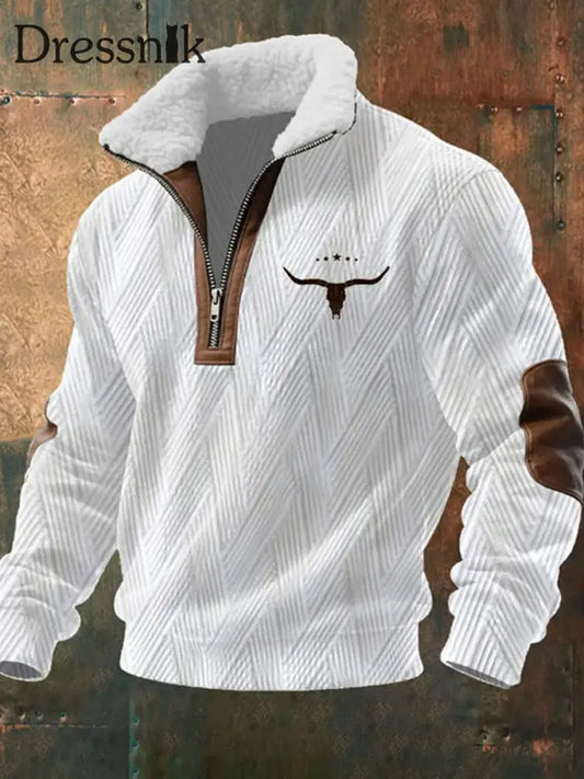 Herren Retro Western Art Print Casual Reiß verschluss Pelz Kragen Sweatshirt A / S