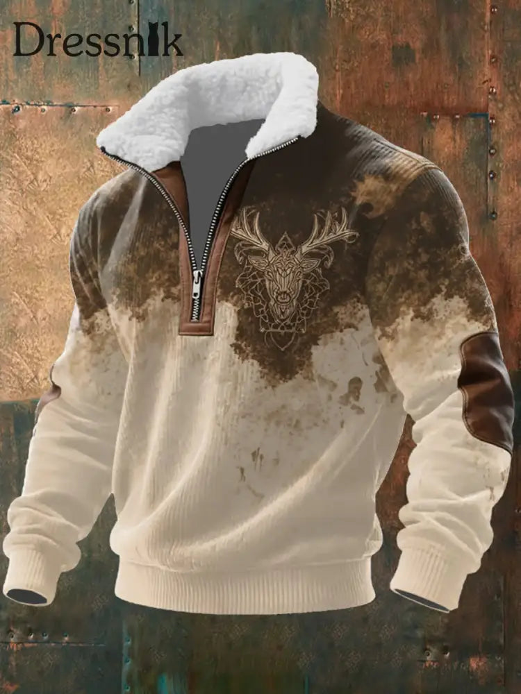 Herren Retro Western Art Print Casual Reiß verschluss Pelz Kragen Sweatshirt A / S