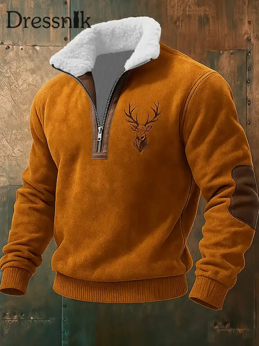 Herren Retro Western Art Print Casual Reiß verschluss Pelz Kragen Sweatshirt A / S