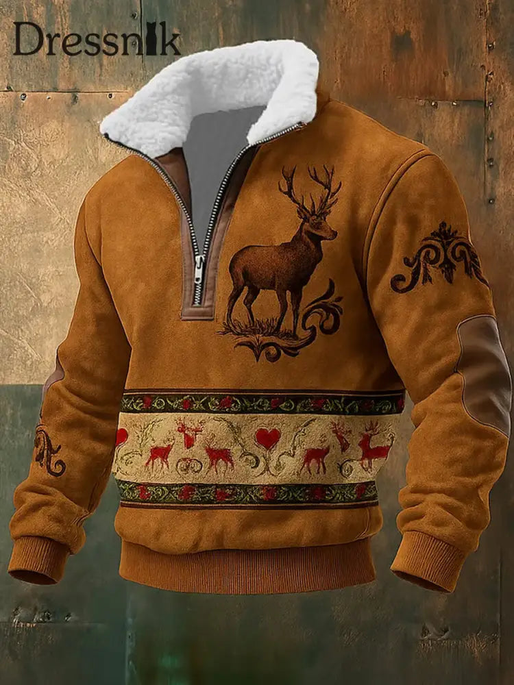 Herren Retro Western Art Print Casual Reiß verschluss Pelz Kragen Sweatshirt A / S