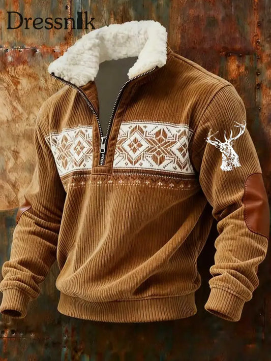 Herren Retro Western Art Print Casual Reiß verschluss Pelz Kragen Sweatshirt A / S