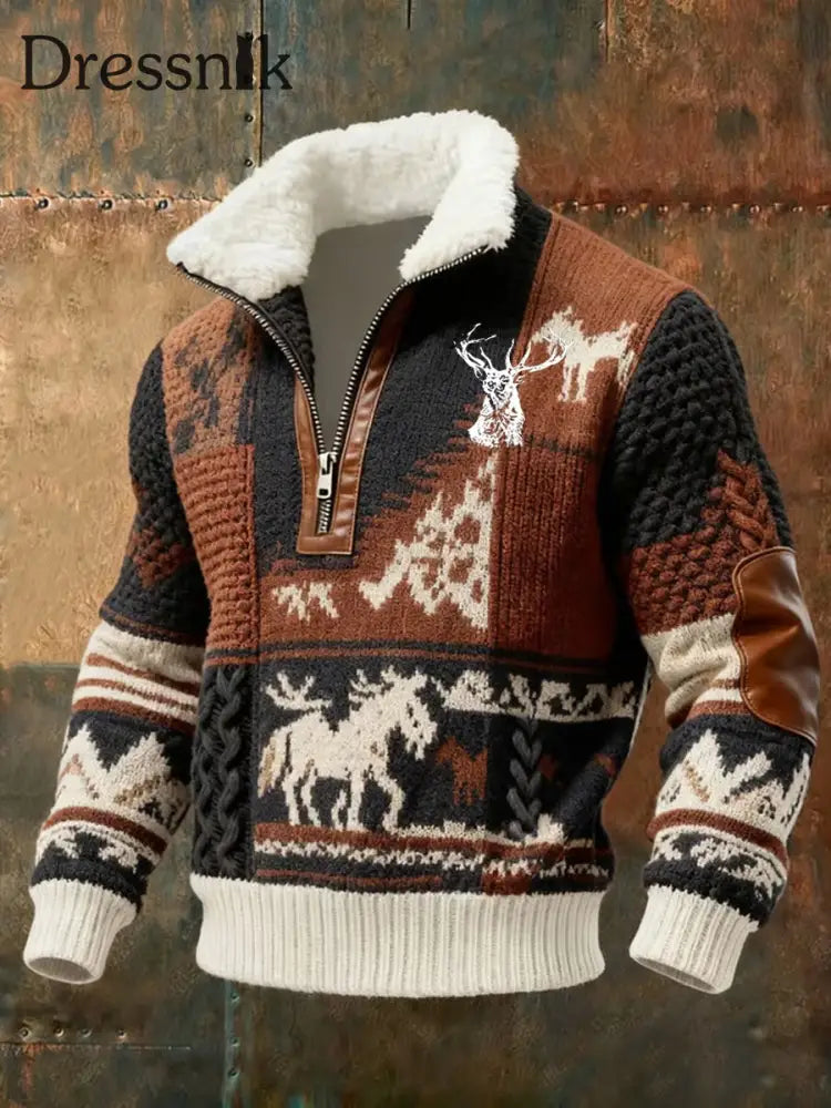 Herren Retro Western Art Print Casual Reiß verschluss Pelz Kragen Sweatshirt A / S