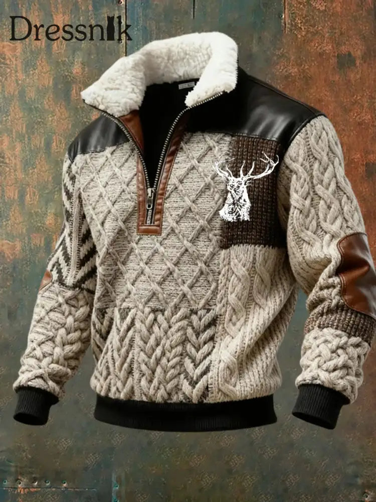 Herren Retro Western Art Print Casual Reiß verschluss Pelz Kragen Sweatshirt A / S