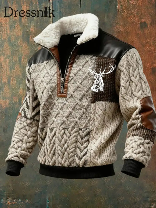 Herren Retro Western Art Print Casual Reiß verschluss Pelz Kragen Sweatshirt A / S