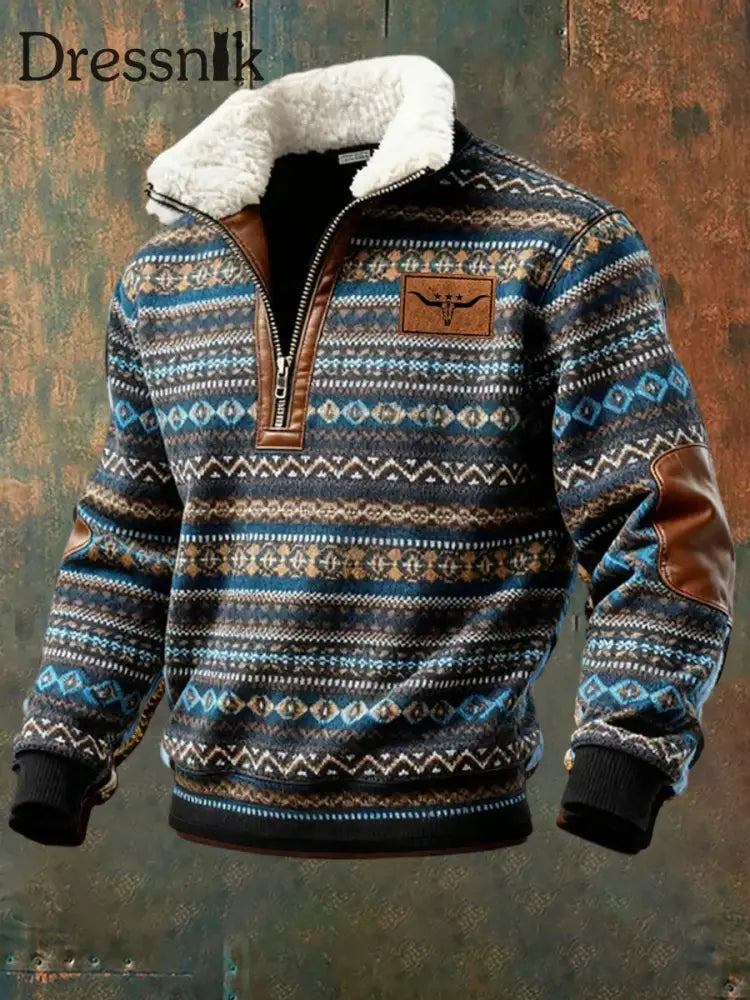 Herren Retro Western Art Print Casual Reiß verschluss Pelz Kragen Sweatshirt A / S