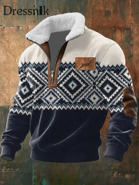 Herren Retro Western Art Print Casual Reiß verschluss Pelz Kragen Sweatshirt A / S