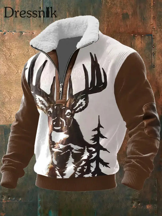 Herren Retro Western Art Print Casual Reiß verschluss Pelz Kragen Sweatshirt A / S