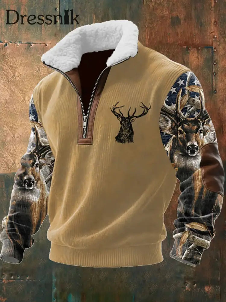 Herren Retro Western Art Print Casual Reiß verschluss Pelz Kragen Sweatshirt A / S