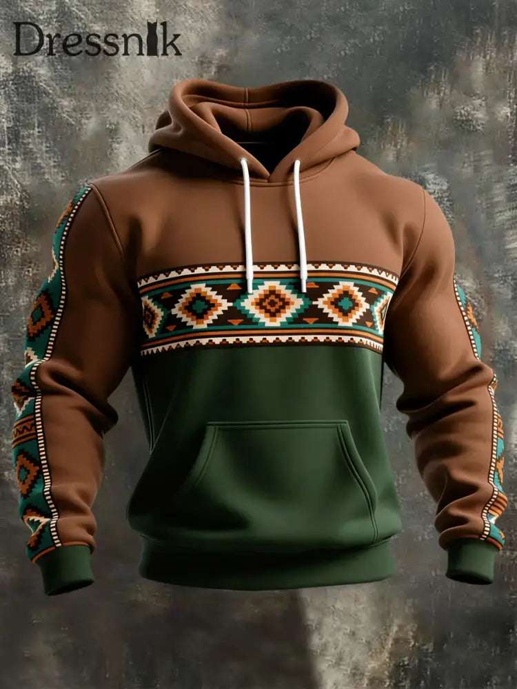 Herren Retro Western Azteken Print Casual Hoodie Braun / S