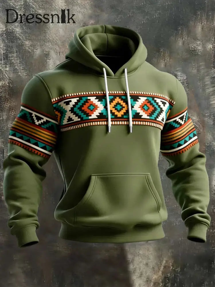 Herren Retro Western Azteken Print Casual Hoodie Grün / S