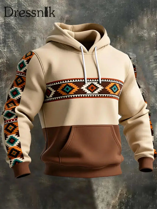 Herren Retro Western Azteken Print Casual Hoodie Licht Khaki / S