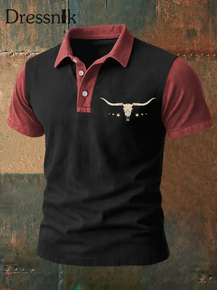 Herren Retro Western Bull Skull Print Casual Top Rot / S